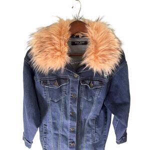Luxury Women Medium Pink Faux Fur Denim Oversized Winter Jacket Y2K Vintage New